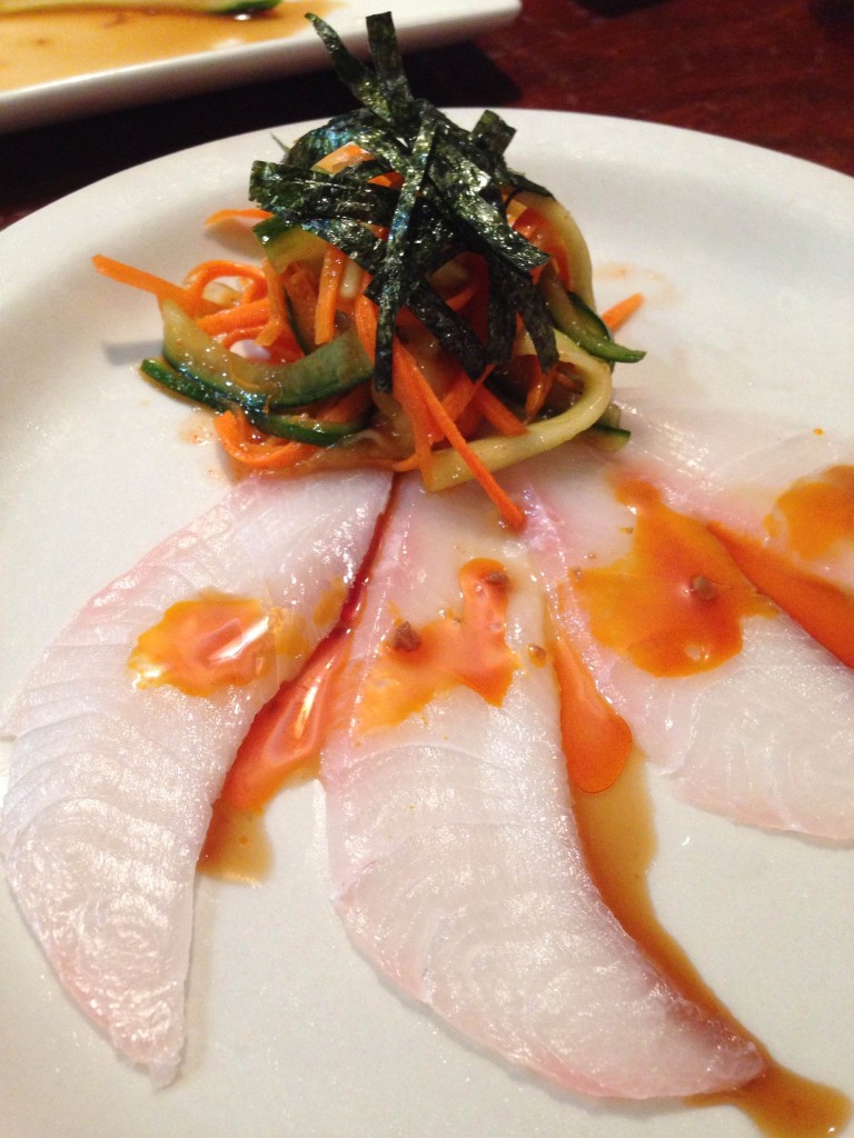 Nippers - Crudo (cobia) with kimchi, sesame oil, garlic ponzo