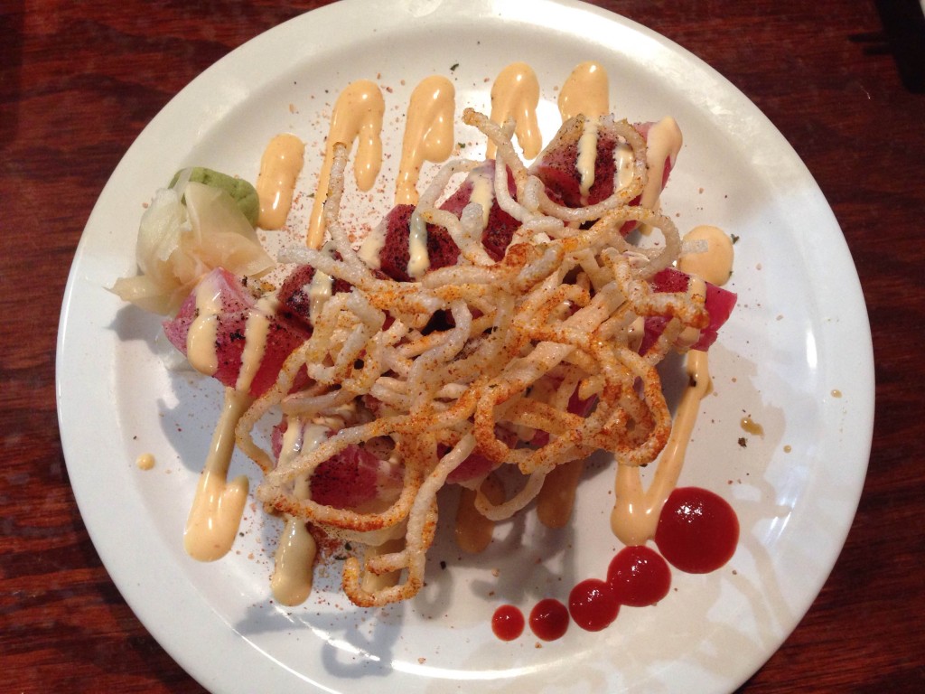 Nippers - Wicked tuna spicy tuna, soy paper, Cajun seared ahi tuna, spicy mayo, crispy noodles