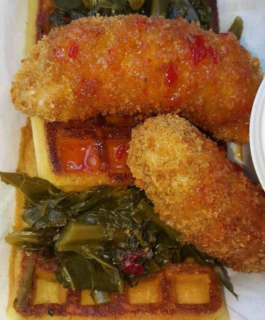 A Flying Sausage- Chicken Sausage, Waffle, and Greens